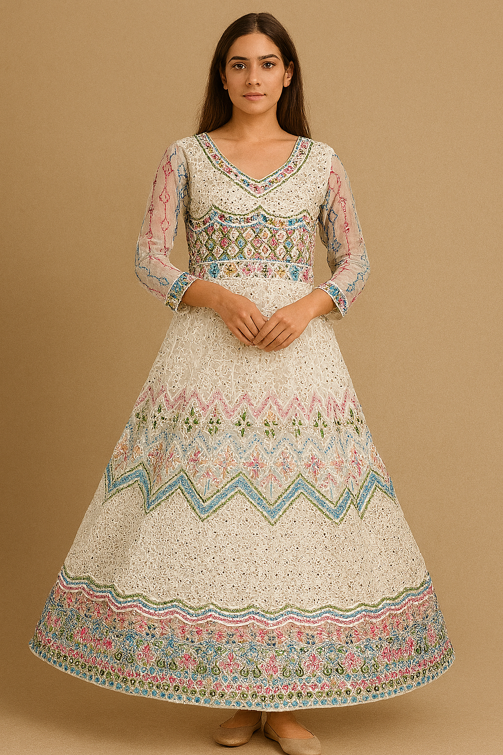Premium Pastel Embroidered Mirror Gown for Women